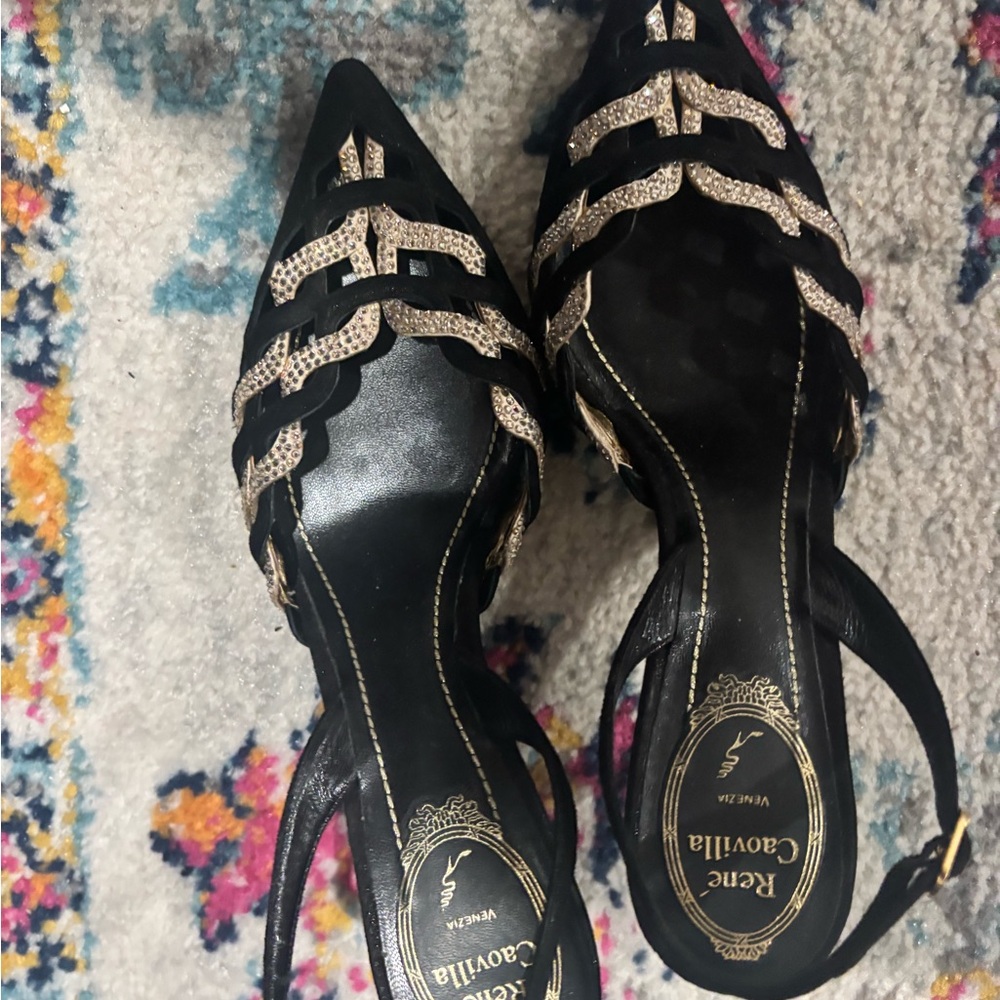 Rene Caovilla Black and Gold Strappy Heels